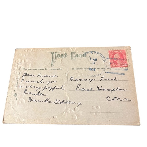 Vtg 1918 Postcard Anthropomorphic Easter Bunny Playing Horn Egg Clover Embossed - Picture 4 of 9